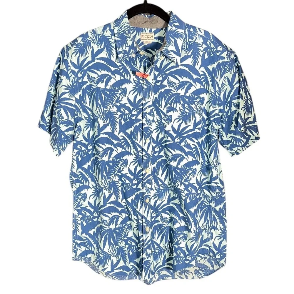VTG J. Crew Men’s Short Sleeve Shirt Blue Tropical Hawaiian Button Up Shirt Sz M